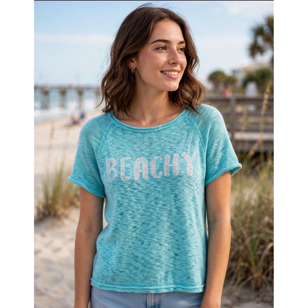 Lilly Pulitzer Beachy Graphic Short Sleeve Sweater Turquoise Blue Marl Size M